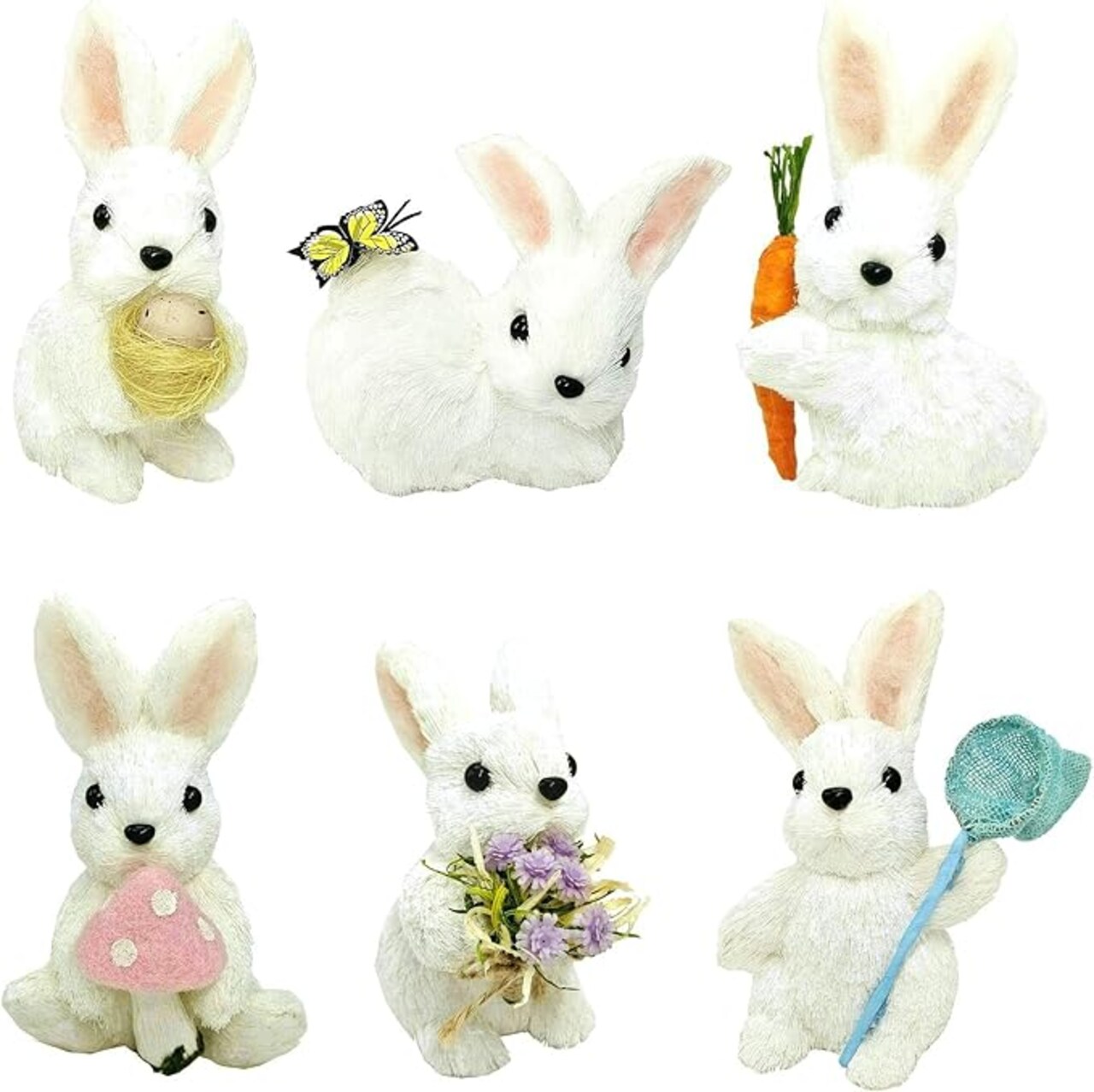 Sisal Easter Bunny Decor,Set of 6 White Baby Bunnies for Easter Decorations or Seasonal Parties,Cute Rabbit Figurines as Decorative Farm Animals for Spring Decor